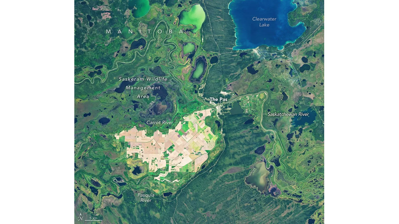 NASA snimila poljoprivredno „ostrvo“ usred močvara delte Saskatchewan