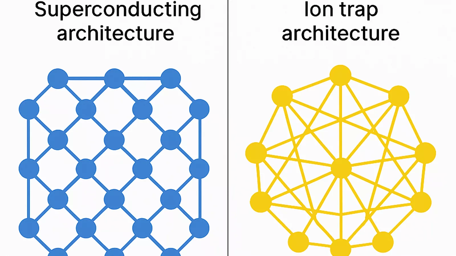 Topological Qubit Connectivity - Superconducting vs Ion Trap. Ilustracija uz vest: LLM modeli pokušavaju da preuzmu rutiranje jona u kvantnim računarima — rezultati su obećavajući, ali ograničeni