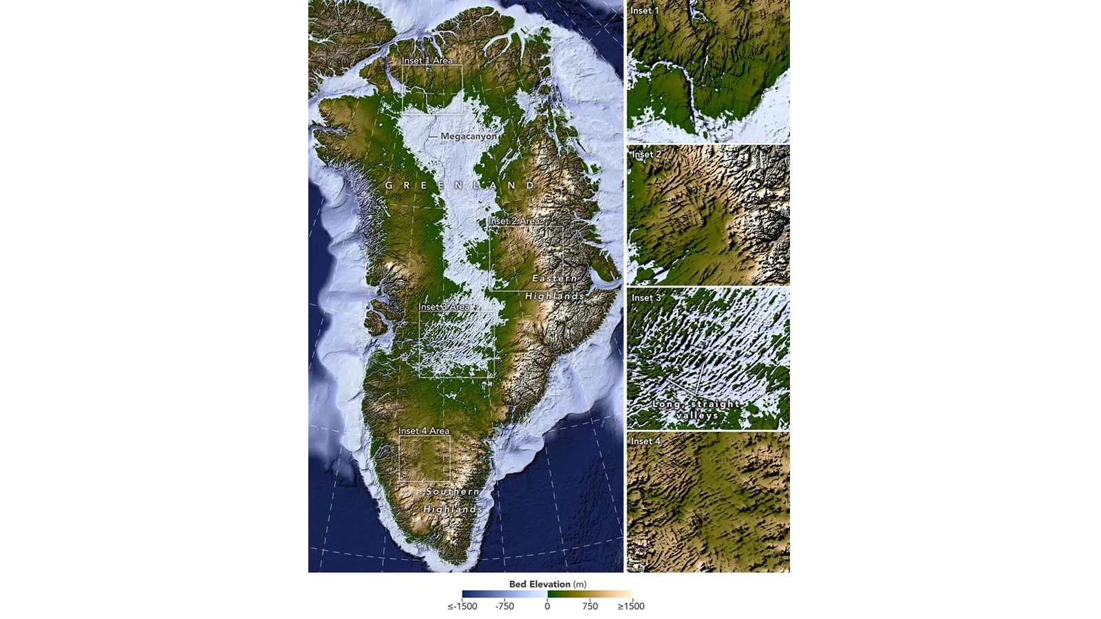 Mapa dolina ispod Grenlandskog ledenog pokrivača. NASA Earth Observatory mapa mreže dolina ispod Grenlandskog ledenog pokrivača.. Ilustracija uz vest: NASA: Nova mapa otkrila skoro 2.000 dolina ispod grenlandskog leda