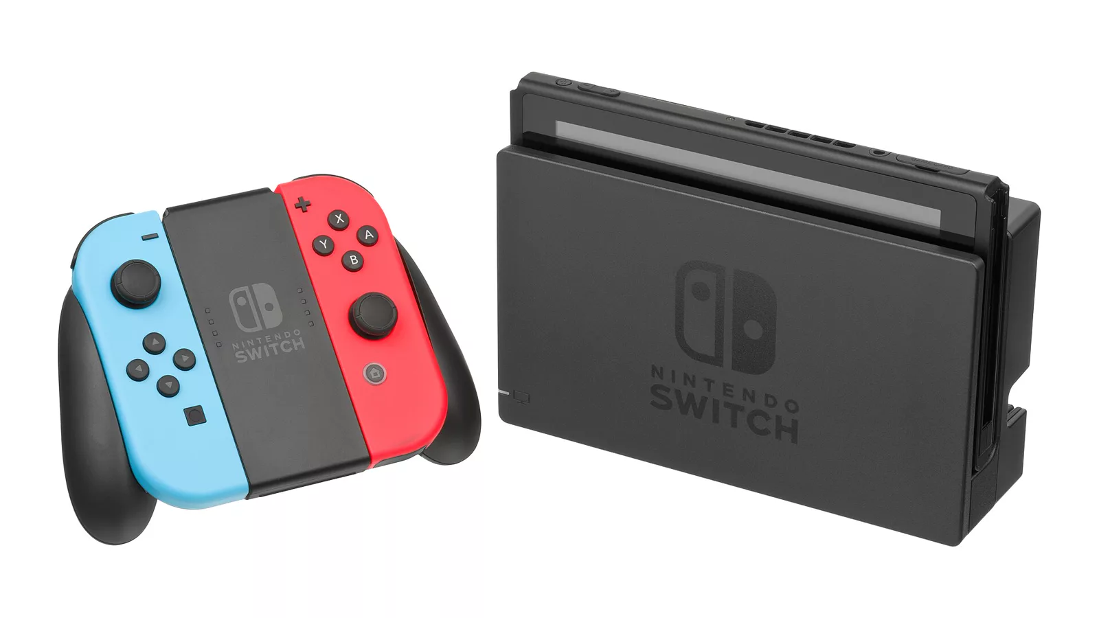 Nintendo-Switch-Console-Docked-wJoyConRB.jpg. The Nintendo Switch, a hybrid portable/home console released by Nintendo in 2017. It is shown here in the docked/home mode, with the controllers detached from the main unit and in the included grip.. Ilustracija uz vest: Nintendo dobio 4,5 miliona dolara u sporu zbog piratskih Switch igara